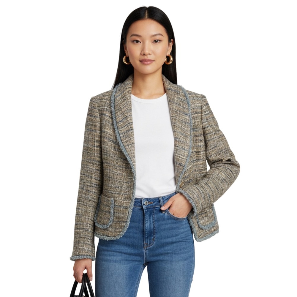 Vintage Cache Luxury Office Beige Single Breasted Tweed Blazer Sz 4 Fringe Trim‎